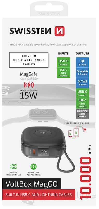 SWISSTEN POWER BANK VOLTBOX MagGO 10000 mAh S INTEGROVANÝMI KABELY + MAGSAFE + APPLE WATCH