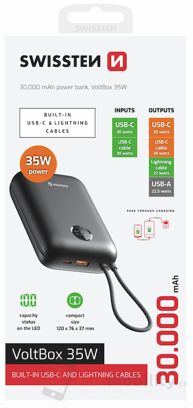 SWISSTEN POWER BANK VOLTBOX 35W 30000 mAh S INTEGROVANÝMI KABELY USB-C A LIGHTNING ČERNÁ