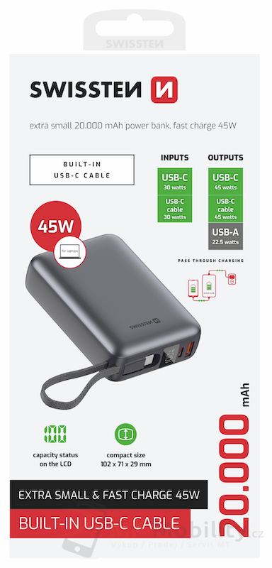 SWISSTEN POWER BANK 20000 mAh 45W S INTEGROVANÝM KABELEM USB-C VESMÍRNĚ STŘÍBRNÁ