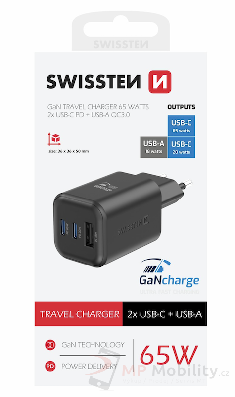 SWISSTEN SÍŤOVÝ ADAPTÉR GaN 2x USB-C 65W PD + 1x USB-A 18W QC ČERNÝ