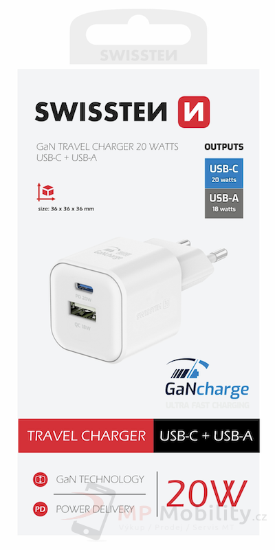 SWISSTEN SÍŤOVÝ ADAPTÉR GaN 1x USB-C 20W PD A 1x USB-A 18W QC BÍLÝ
