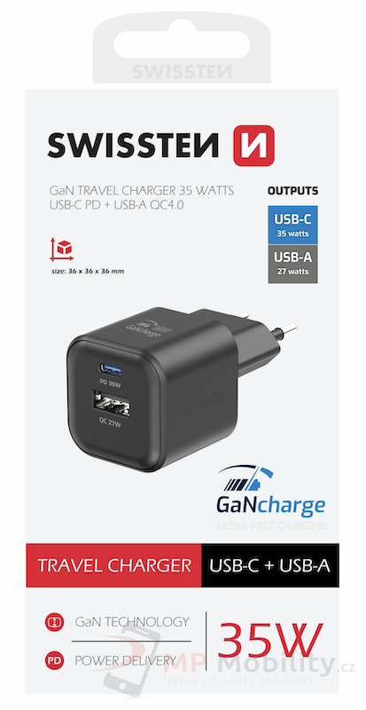 SWISSTEN SÍŤOVÝ ADAPTÉR GaN 1x USB-C 35W PD + 1x USB-A 27W QC ČERNÝ