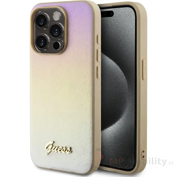 Guess PU Leather Iridescent Metal Script kryt iPhone 15 Pro Max zlatý
