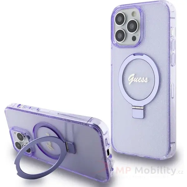 Guess IML Ring Stand Glitter MagSafe kryt iPhone 15 Pro Max fialový