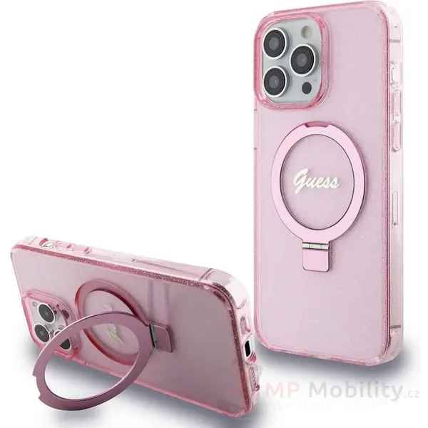 Guess IML Ring Stand Glitter MagSafe kryt iPhone 15 Pro Max růžový