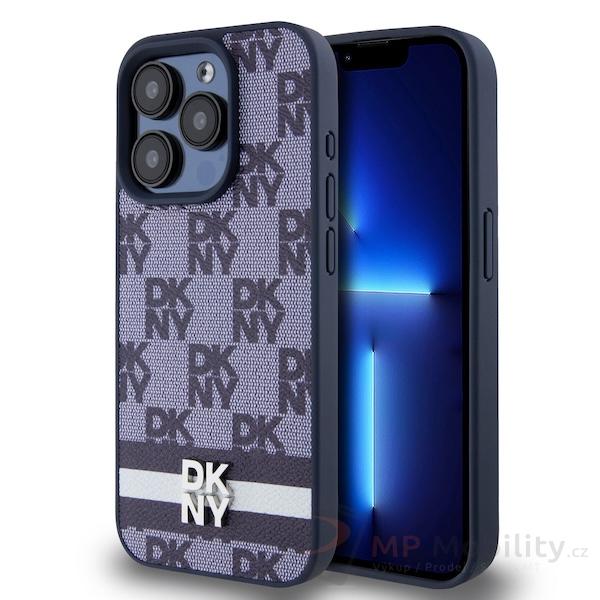 DKNY PU Leather Checkered Pattern and Stripe kryt iPhone 15 Pro Max modrý