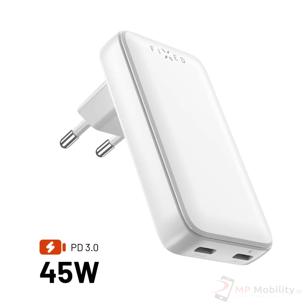 FIXED Slim GaN nabíječka (2x USB-C), PD, 45W, bílá