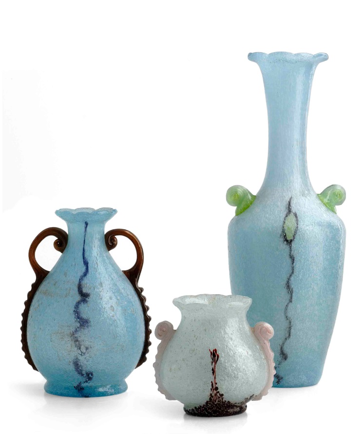 Three mid-late 1940s bubbly ‘antique glass’ vases, designed by Emanuel Beránek from 194546, pattern numbers 407, 451 and 4633, largest 10.75in (27cm) high.  