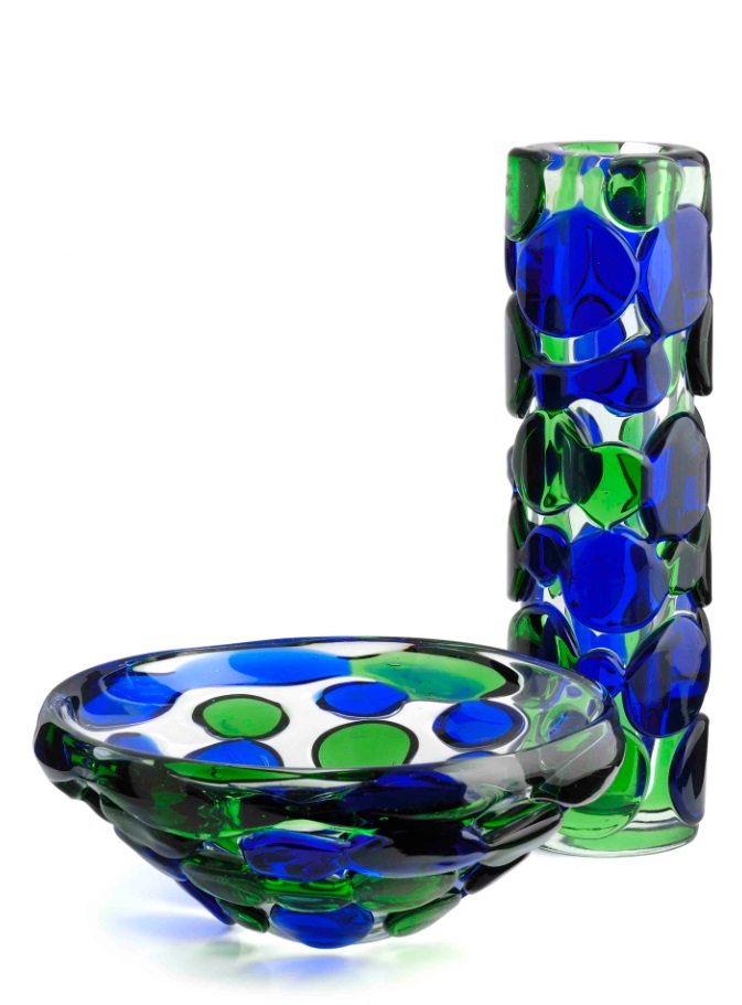 A bowl and a vase with blue and green applied prunts, designed by Jaroslav Svoboda in 1972, vase pattern number 7233/38, 15in (38cm) high, bowl pattern number 7233/26, 10.25in (26cm) diam.. 