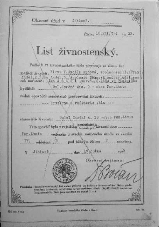 Obr. 27:  Živnostenský list firmy Václav Anděl, už Dolní Smrčné 1935, foto: archiv Muzea Vysočiny, Jihlava