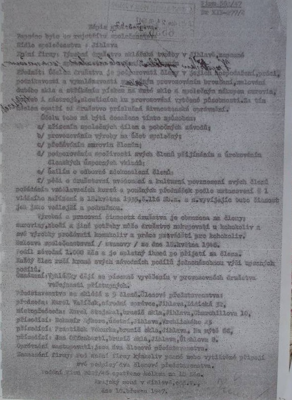 Obr.28.  Zápis o ustavení Výrobního družstva sklářské tvorby v Jihlavě, 1947, archiv Muzea Vysočiny v Jihlavě
