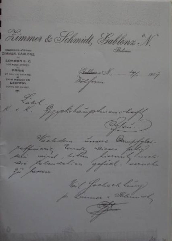 Obr.30.  Firemní dopis firmy Zimmer a Schmidt – Jablonec - Kostelec
